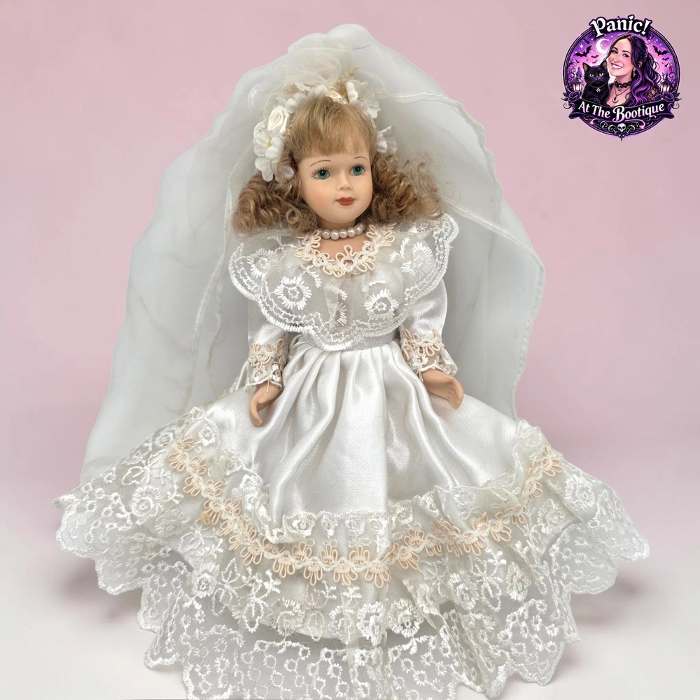 Porcelain Bride Doll 12 in White Satin Lace Dress Vintage Collectible Wedding
